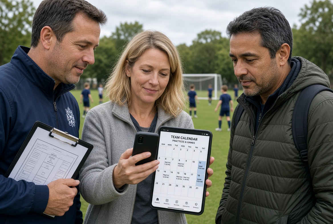 Coach and parents checking team calendar